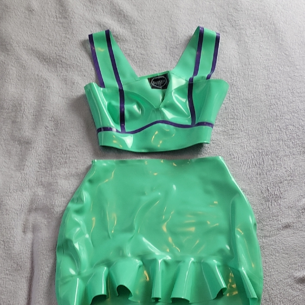 Green and Purple Latex Crop Top and Skirt Set